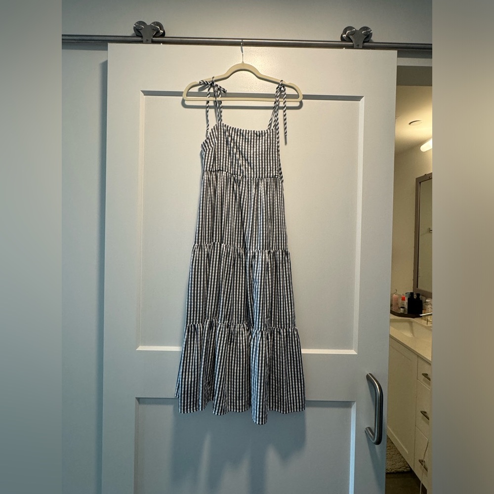 Grey Gingham Tiered Midi Dress